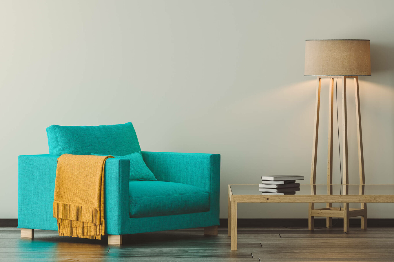 Eine passende Farbkombination der Möbel, Vorhänge, Lampen und vom Boden