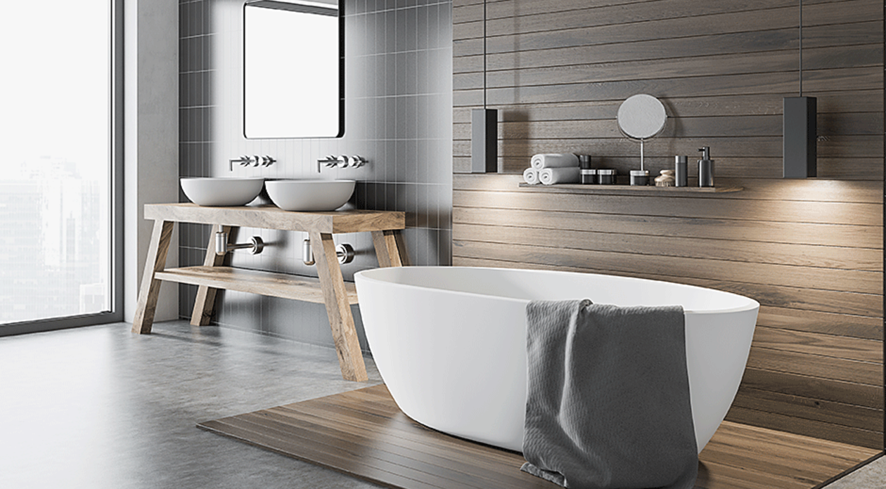 Bauarena Badwelt: Modernes Badezimmer mit Badewanne und Lavabo