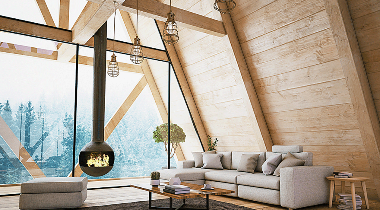Bauarena Wohnwelt- Wohnzimmer mit Holzwänden