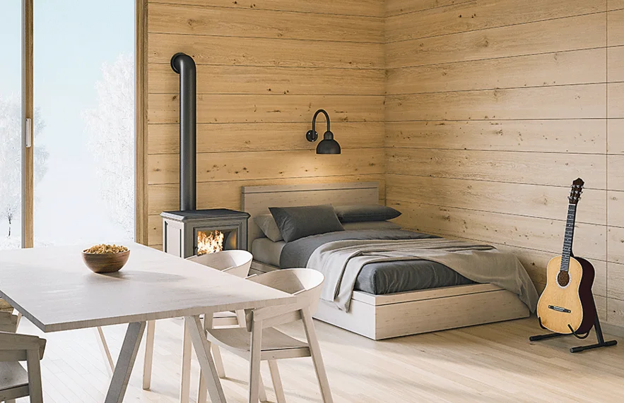 Bauarena Wohnwelt- Schlafzimmer mit Holzwänden