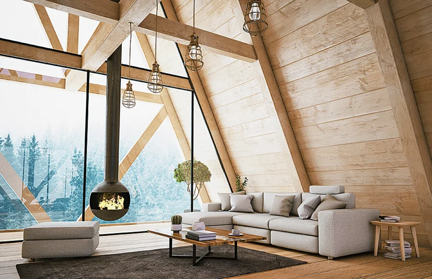 Bauarena Wohnwelt- Wohnzimmer mit Holzwänden