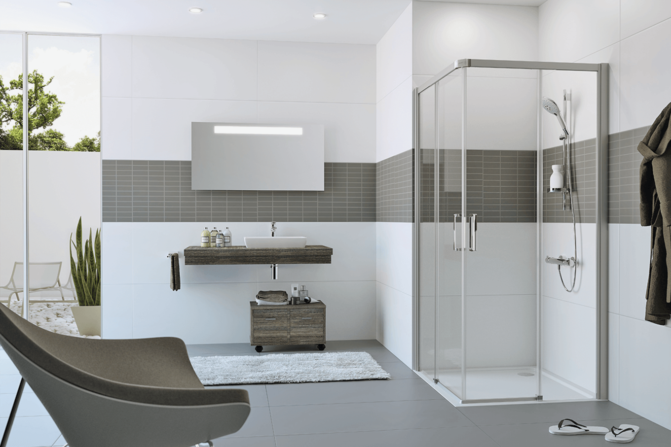 Bauarena Badwelt: Modernes Badezimmer mit Gleittüreckeinstieg