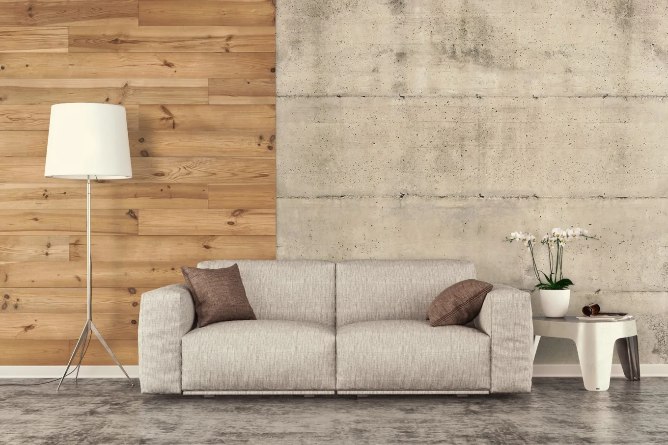 Eine passende Materialkombination aus Metall, Holz und Beton sorgt für eine Wohlfühl-Atmosphäre