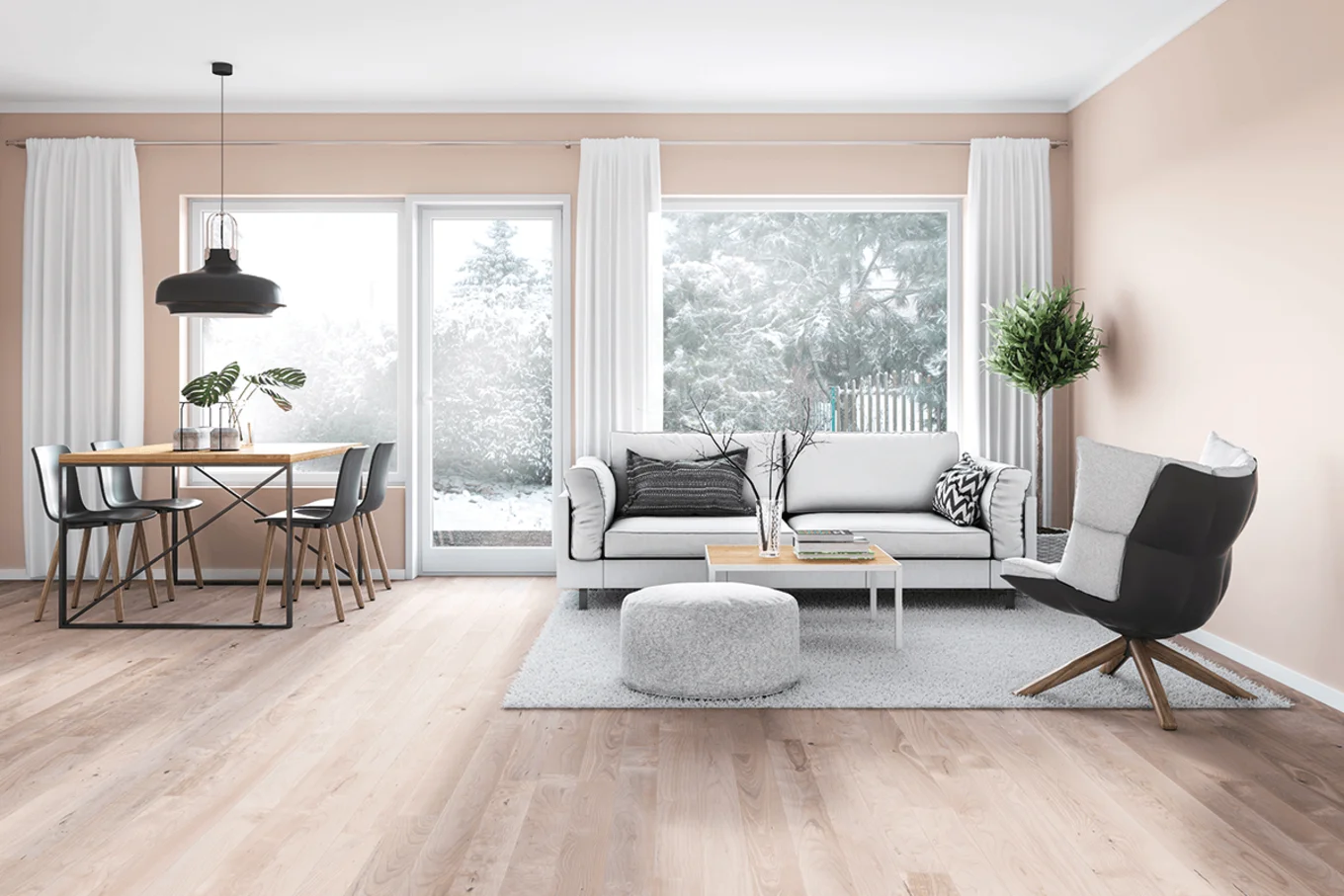 Bauarena Wohnwelt: Wohnzimmer mit Laminatbodenbelag